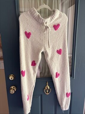 Splendid Cream Fuzzy Pajama Bottoms with Pink Heart Details